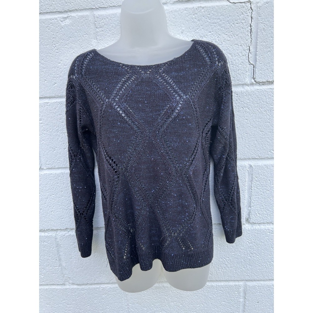 NY&Co 90's Navy Blue Knit Crochet Sweater Doily Lace Shimmer Sequins Sm VTG
